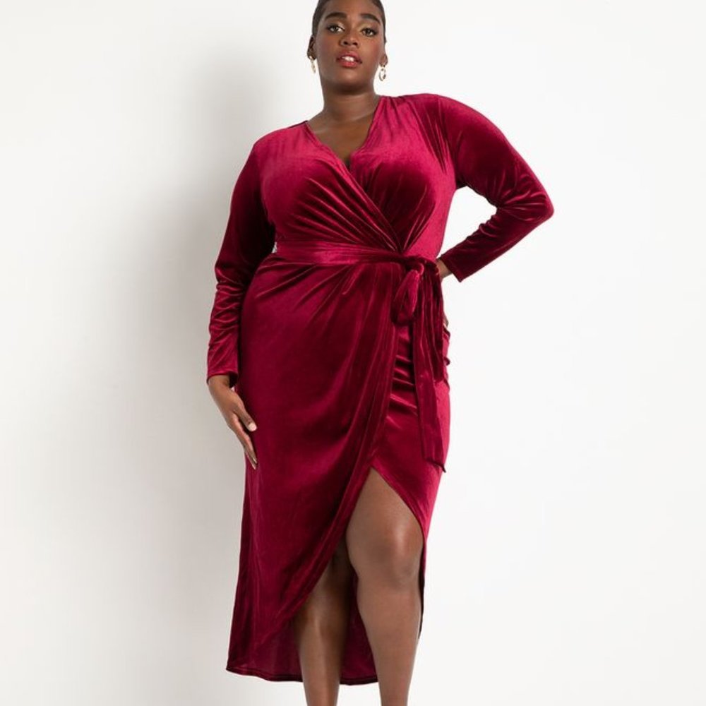 NWT Eloquii Wine Stretch Velvet Wrap Dress Belted Hi-Lo Hem Long Sleeve Size 16